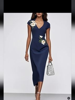 Navy Floral V-Neck Midi Dress with Cap Sleeves